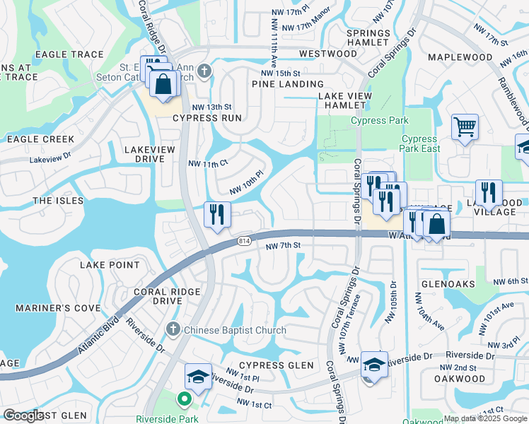 map of restaurants, bars, coffee shops, grocery stores, and more near 913 Northwest 110th Lane in Coral Springs