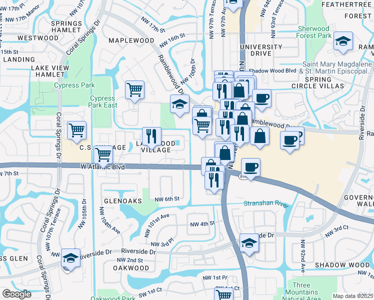 map of restaurants, bars, coffee shops, grocery stores, and more near 803 Twin Lakes Drive in Coral Springs