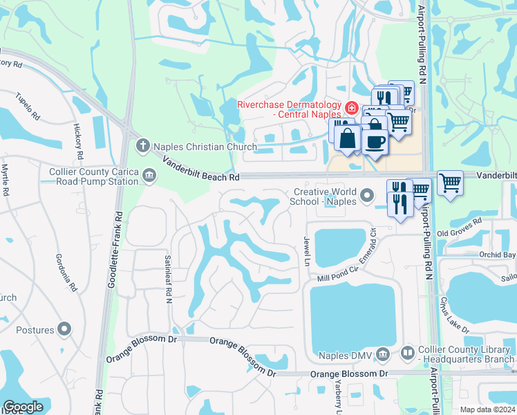 map of restaurants, bars, coffee shops, grocery stores, and more near 8148 La Palmas Way in Naples