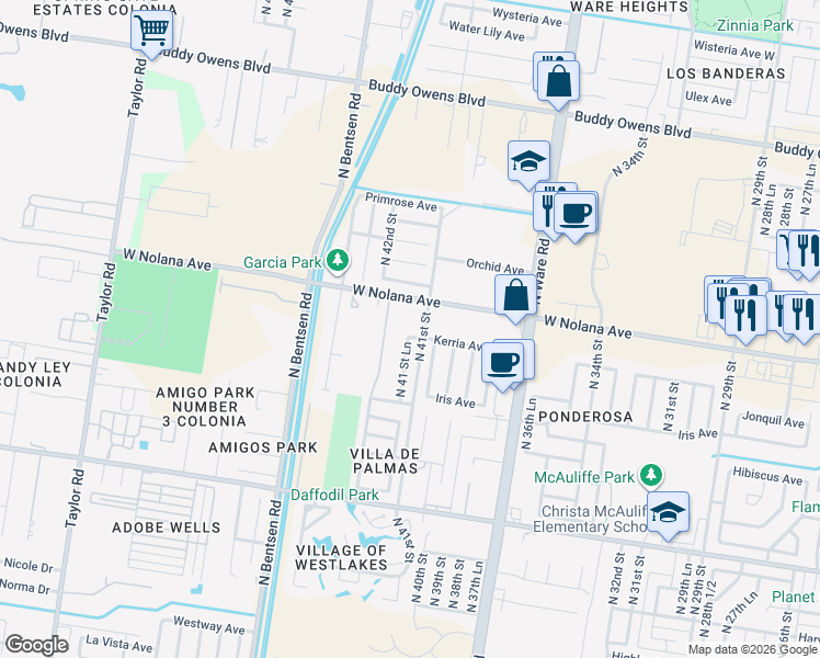map of restaurants, bars, coffee shops, grocery stores, and more near 4101 West Nolana Avenue in McAllen