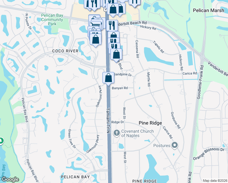 map of restaurants, bars, coffee shops, grocery stores, and more near 23 Banyan Road in Naples