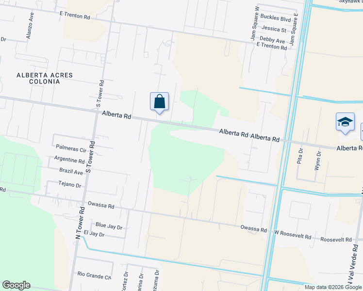 map of restaurants, bars, coffee shops, grocery stores, and more near 7654 East Alberta Road in Edinburg