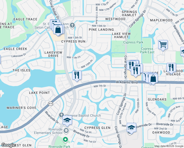 map of restaurants, bars, coffee shops, grocery stores, and more near 11251 Eagle Nest Drive in Coral Springs