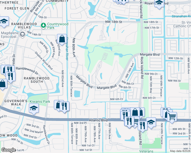 map of restaurants, bars, coffee shops, grocery stores, and more near 7877 Golf Circle Drive in Margate