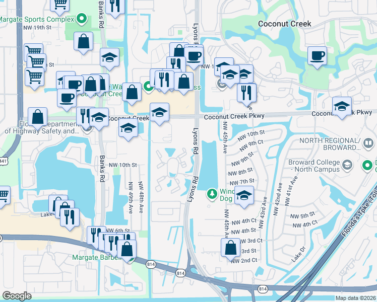 map of restaurants, bars, coffee shops, grocery stores, and more near 1019 Lyons Park Drive in Pompano Beach