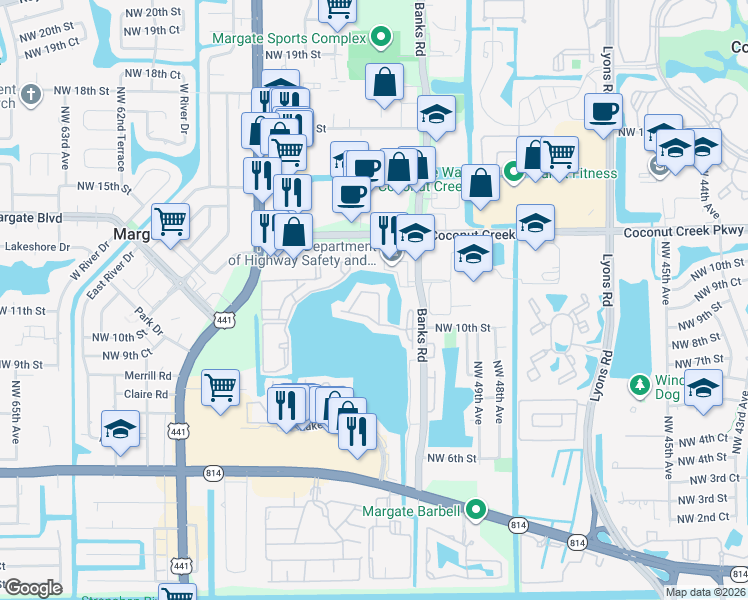 map of restaurants, bars, coffee shops, grocery stores, and more near 713 Banks Road in Margate