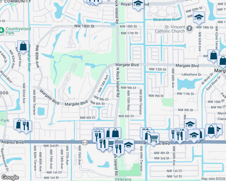map of restaurants, bars, coffee shops, grocery stores, and more near 7175 Northwest 9th Court in Margate