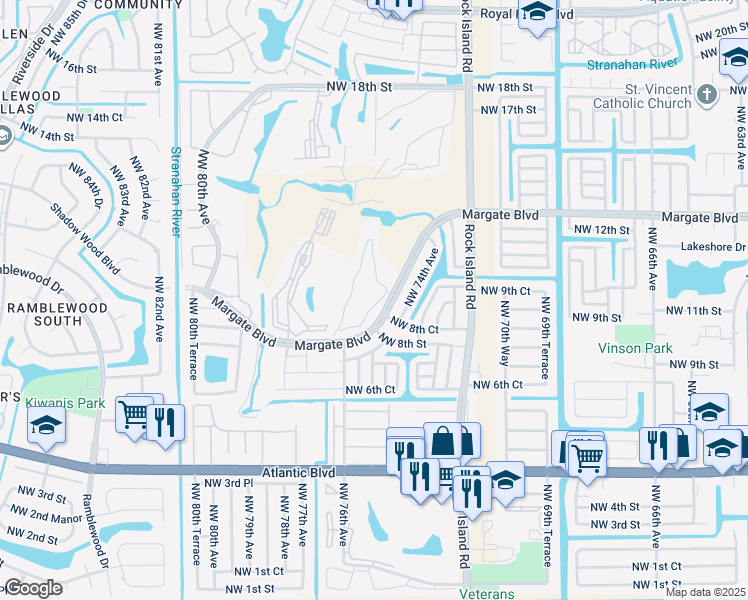map of restaurants, bars, coffee shops, grocery stores, and more near 7837 Golf Circle Drive in Margate