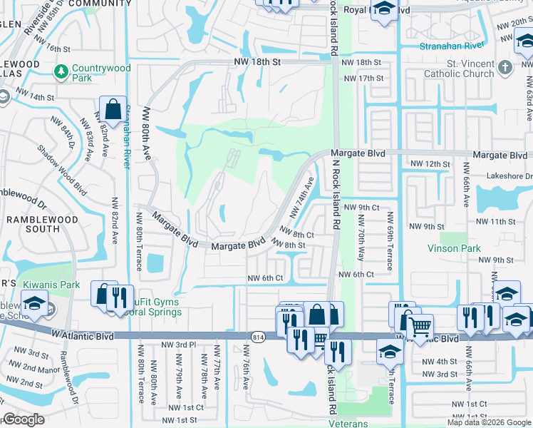 map of restaurants, bars, coffee shops, grocery stores, and more near 7837 Golf Circle Drive in Margate
