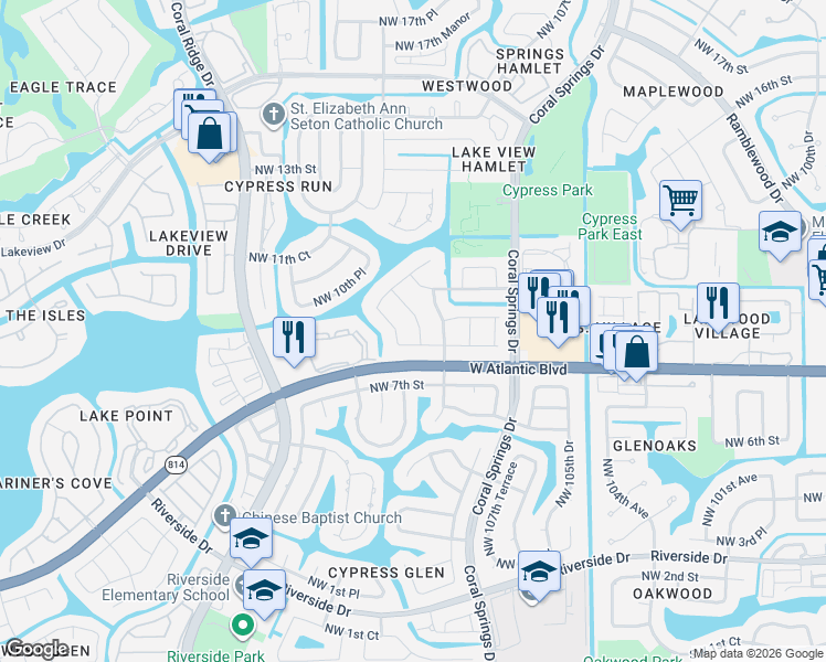 map of restaurants, bars, coffee shops, grocery stores, and more near 899 Northwest 110th Avenue in Coral Springs
