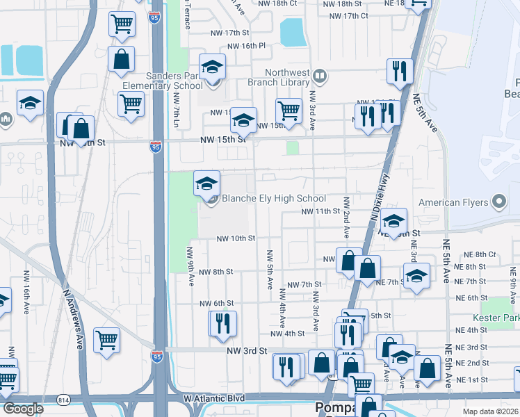 map of restaurants, bars, coffee shops, grocery stores, and more near 1121 Northwest 5th Avenue in Pompano Beach