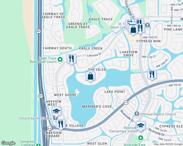 map of restaurants, bars, coffee shops, grocery stores, and more near 12105 Northwest 9th Place in Coral Springs