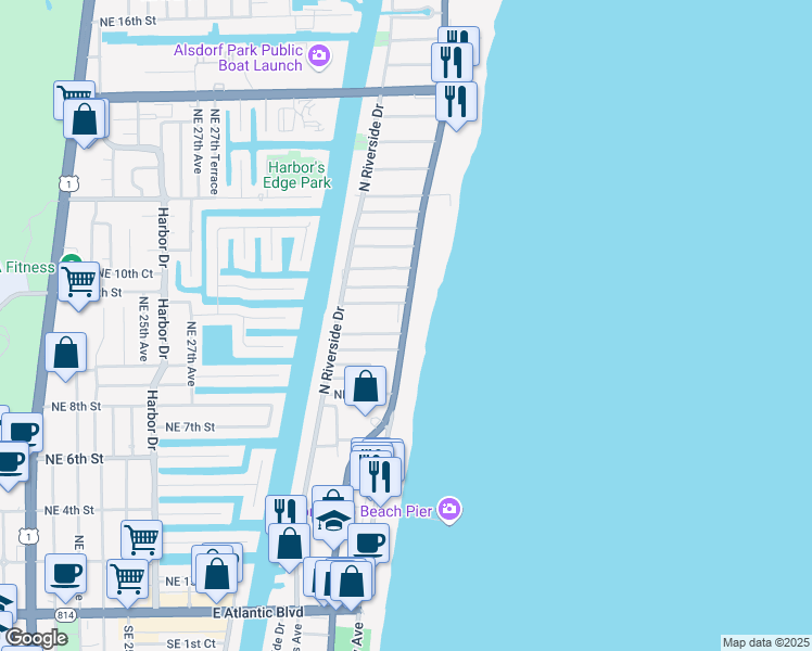 map of restaurants, bars, coffee shops, grocery stores, and more near 614 North Ocean Boulevard in Pompano Beach