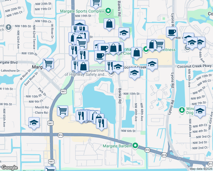 map of restaurants, bars, coffee shops, grocery stores, and more near 713 Banks Road in Margate