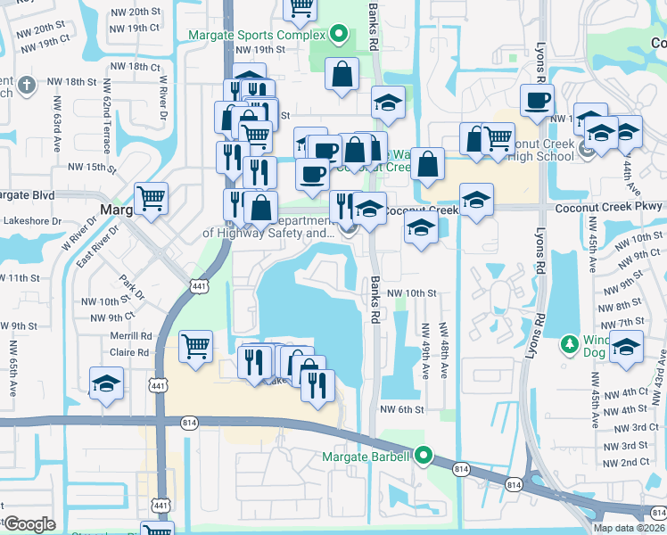 map of restaurants, bars, coffee shops, grocery stores, and more near 719 Banks Road in Margate