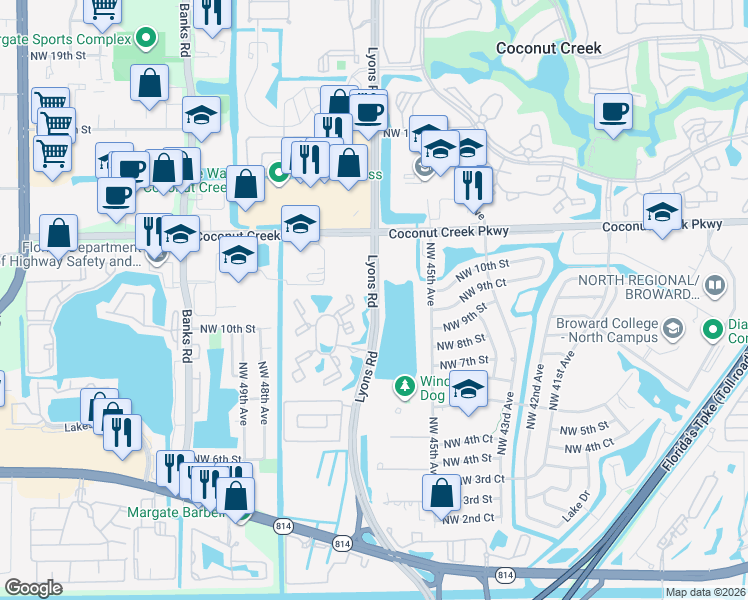 map of restaurants, bars, coffee shops, grocery stores, and more near 1019 Lyons Park Drive in Pompano Beach