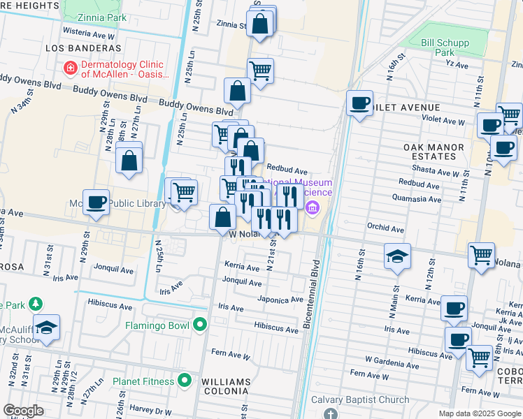 map of restaurants, bars, coffee shops, grocery stores, and more near 4020 North 22nd Street in McAllen