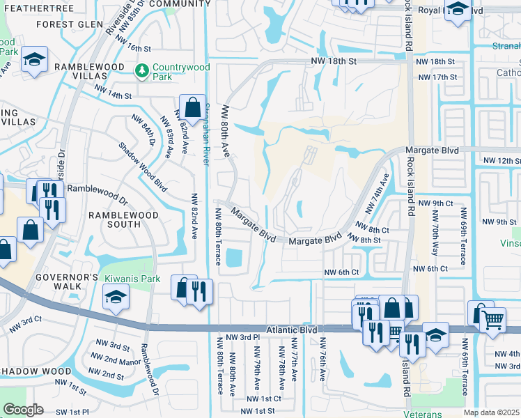 map of restaurants, bars, coffee shops, grocery stores, and more near 7895 Margate Boulevard in Margate