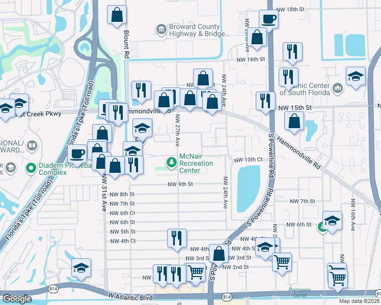 map of restaurants, bars, coffee shops, grocery stores, and more near 2607 Northwest 11th Street in Pompano Beach
