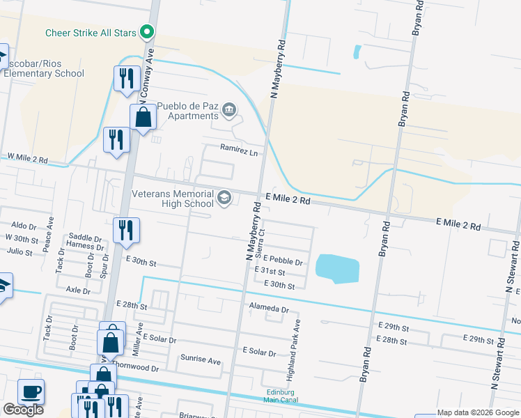 map of restaurants, bars, coffee shops, grocery stores, and more near 3124 North Mayberry Street in Mission