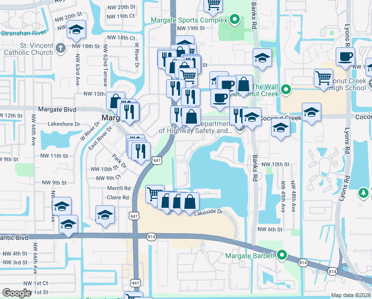 map of restaurants, bars, coffee shops, grocery stores, and more near 5750 Lakeside Drive in Margate