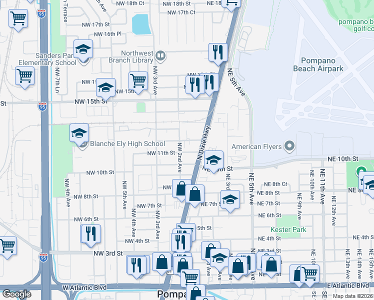 map of restaurants, bars, coffee shops, grocery stores, and more near 116 Northwest 12th Street in Pompano Beach