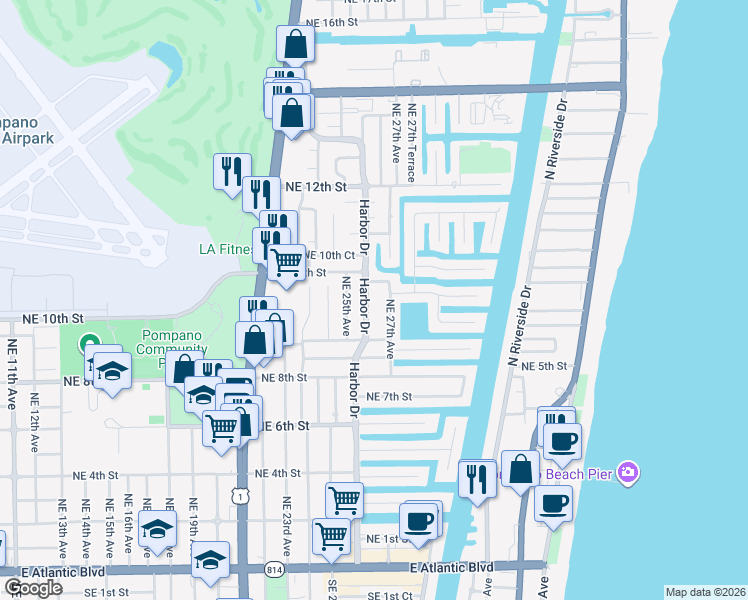 map of restaurants, bars, coffee shops, grocery stores, and more near 2660 Northeast 9th Court in Pompano Beach