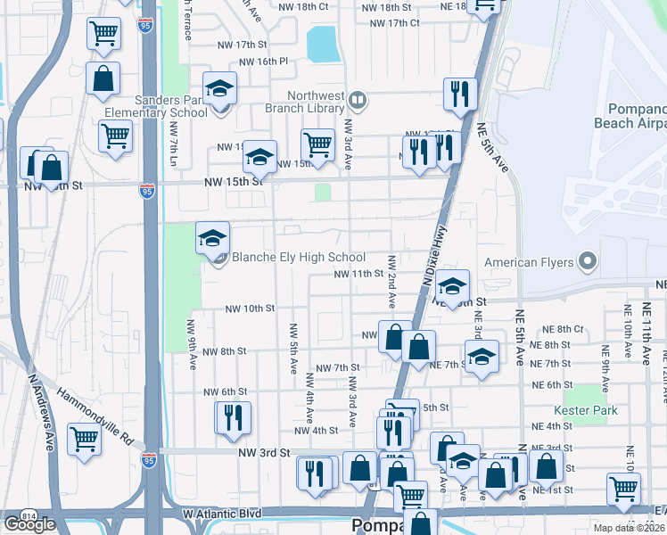 map of restaurants, bars, coffee shops, grocery stores, and more near 1210 Northwest 6th Avenue in Pompano Beach