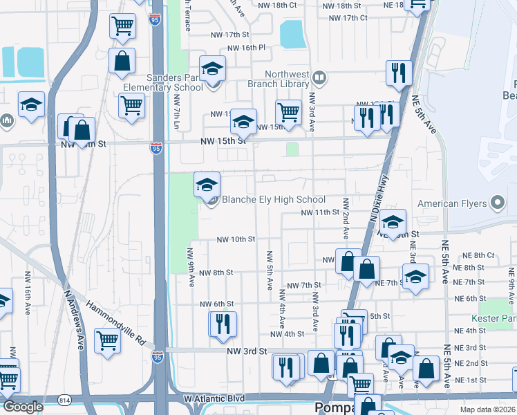 map of restaurants, bars, coffee shops, grocery stores, and more near 1121 Northwest 5th Avenue in Pompano Beach