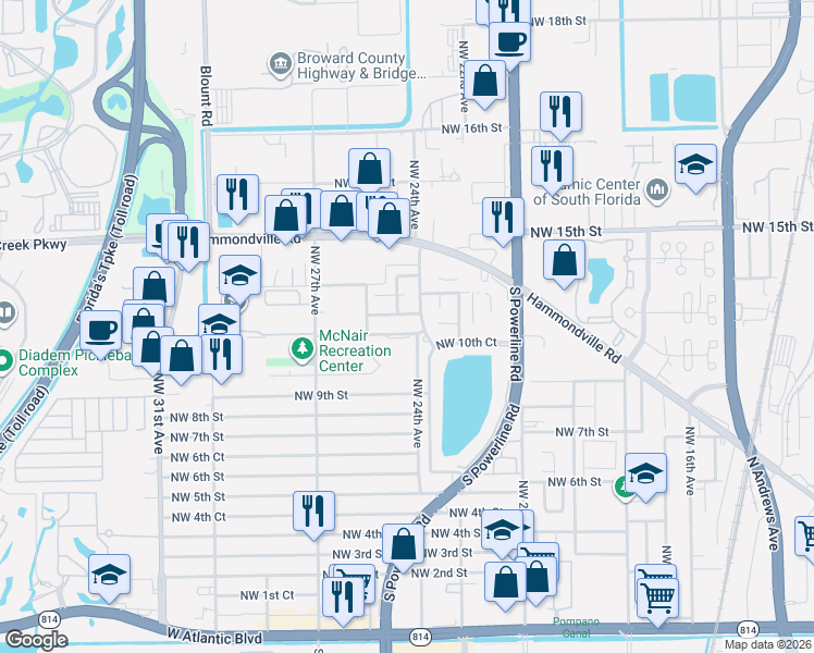 map of restaurants, bars, coffee shops, grocery stores, and more near 1151 Northwest 24th Avenue in Pompano Beach