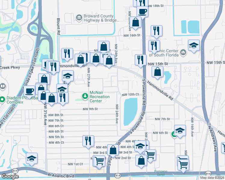 map of restaurants, bars, coffee shops, grocery stores, and more near 1151 Northwest 24th Avenue in Pompano Beach