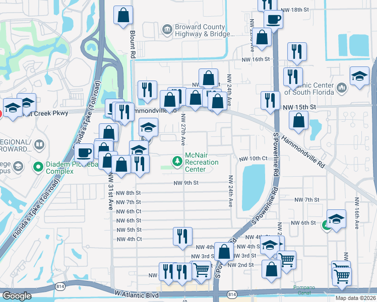 map of restaurants, bars, coffee shops, grocery stores, and more near 2607 Northwest 11th Street in Pompano Beach
