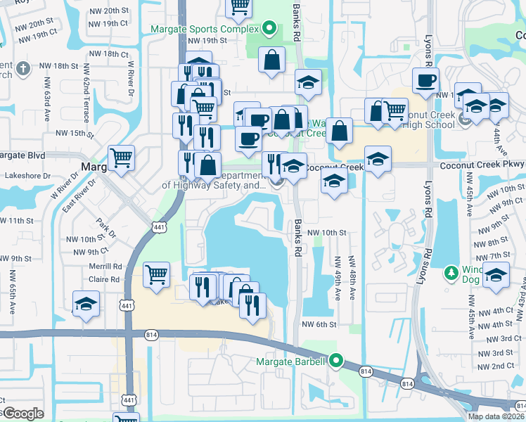 map of restaurants, bars, coffee shops, grocery stores, and more near 713 Banks Road in Margate