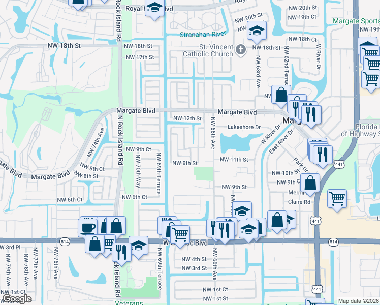 map of restaurants, bars, coffee shops, grocery stores, and more near 985 Northwest 67th Terrace in Margate