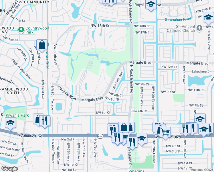 map of restaurants, bars, coffee shops, grocery stores, and more near 7520 Margate Boulevard in Margate