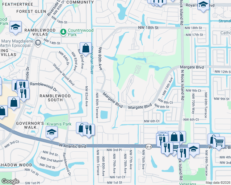 map of restaurants, bars, coffee shops, grocery stores, and more near 7895 Margate Boulevard in Margate