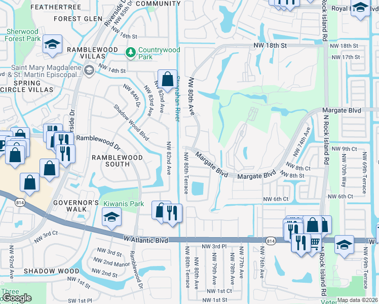 map of restaurants, bars, coffee shops, grocery stores, and more near 80 Eagle Trace Boulevard in Margate