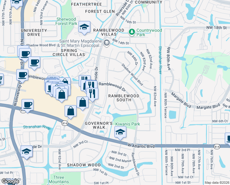 map of restaurants, bars, coffee shops, grocery stores, and more near 987 Northwest 87th Avenue in Coral Springs