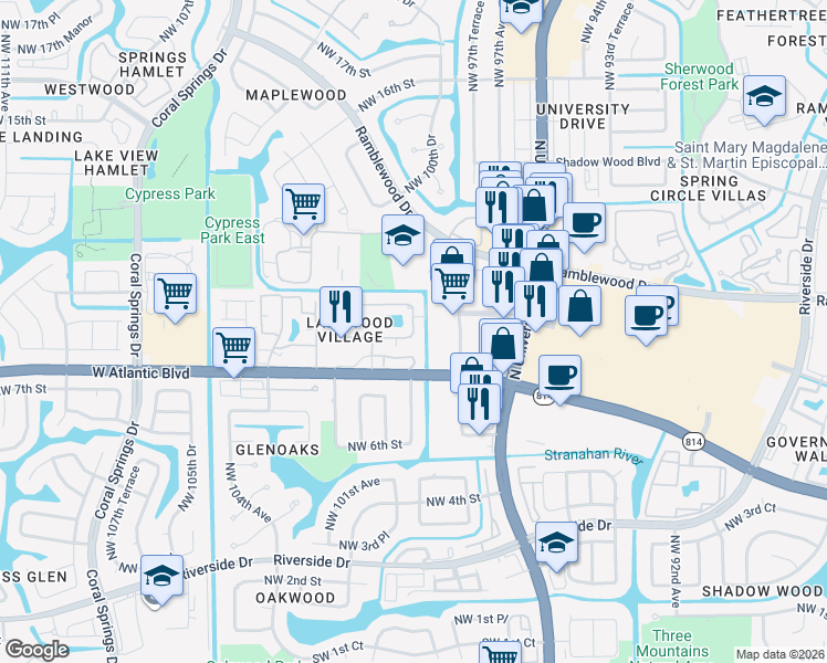 map of restaurants, bars, coffee shops, grocery stores, and more near 803 Twin Lakes Drive in Coral Springs