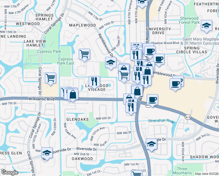 map of restaurants, bars, coffee shops, grocery stores, and more near 9963 Twin Lakes Drive in Coral Springs
