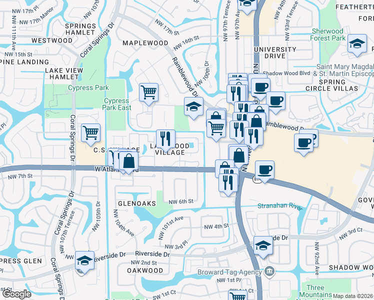 map of restaurants, bars, coffee shops, grocery stores, and more near 9963 Twin Lakes Drive in Coral Springs