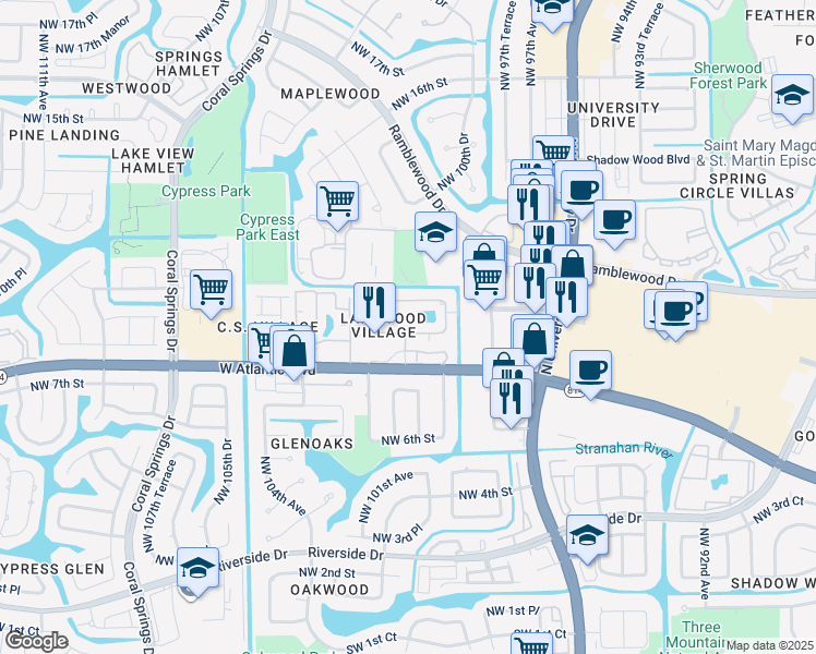map of restaurants, bars, coffee shops, grocery stores, and more near 9963 Twin Lakes Drive in Coral Springs