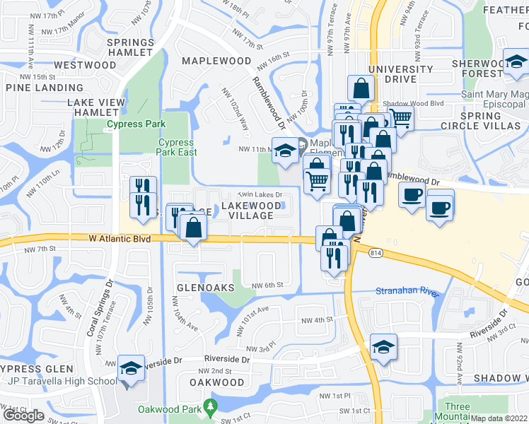 map of restaurants, bars, coffee shops, grocery stores, and more near 897 Twin Lakes Drive in Coral Springs