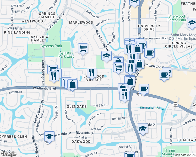 map of restaurants, bars, coffee shops, grocery stores, and more near 897 Twin Lakes Drive in Coral Springs