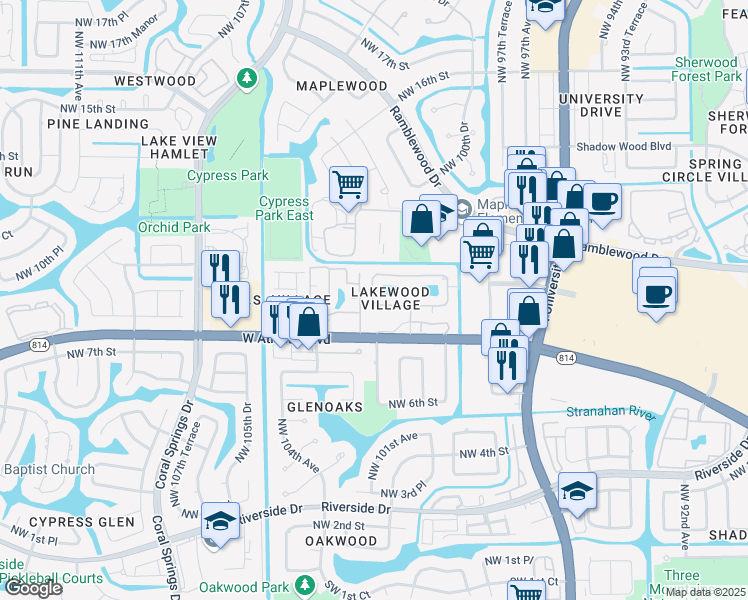 map of restaurants, bars, coffee shops, grocery stores, and more near 848 Twin Lakes Drive in Coral Springs