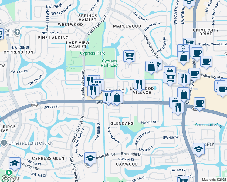 map of restaurants, bars, coffee shops, grocery stores, and more near 10407 Northwest 9th Manor in Coral Springs