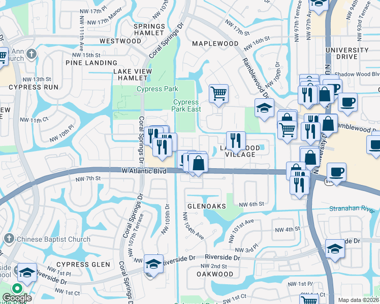 map of restaurants, bars, coffee shops, grocery stores, and more near 10407 Northwest 9th Manor in Coral Springs