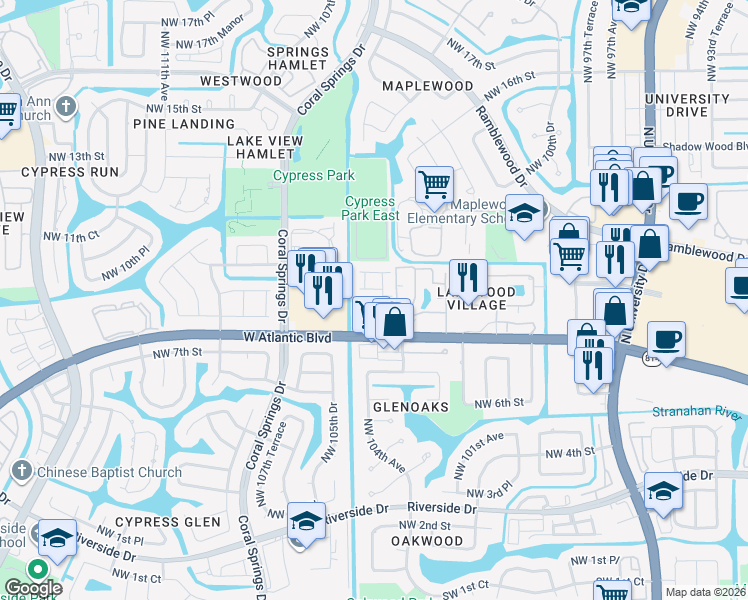 map of restaurants, bars, coffee shops, grocery stores, and more near 10407 Northwest 9th Manor in Coral Springs