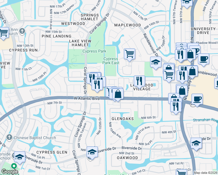 map of restaurants, bars, coffee shops, grocery stores, and more near 10407 Northwest 9th Manor in Coral Springs