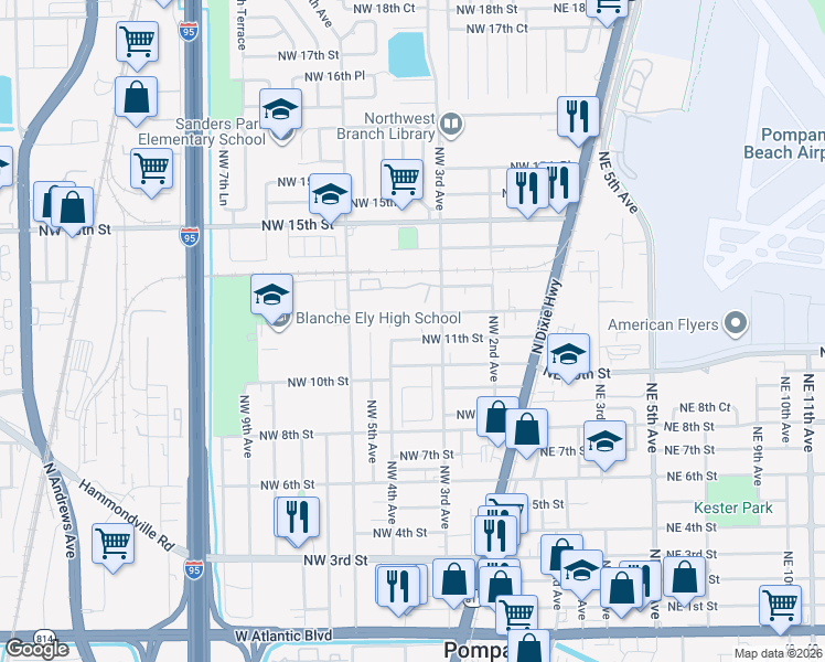map of restaurants, bars, coffee shops, grocery stores, and more near 1210 Northwest 6th Avenue in Pompano Beach